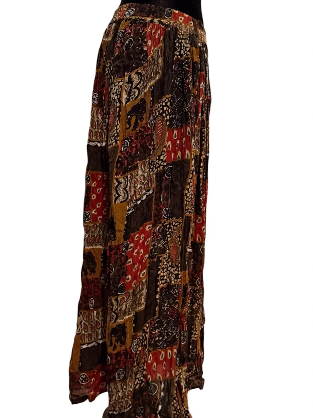 Jane Ashley Brown Red Maxi Skirt Beaded Patchwork Boho Lagenlook Artsy Crinkle